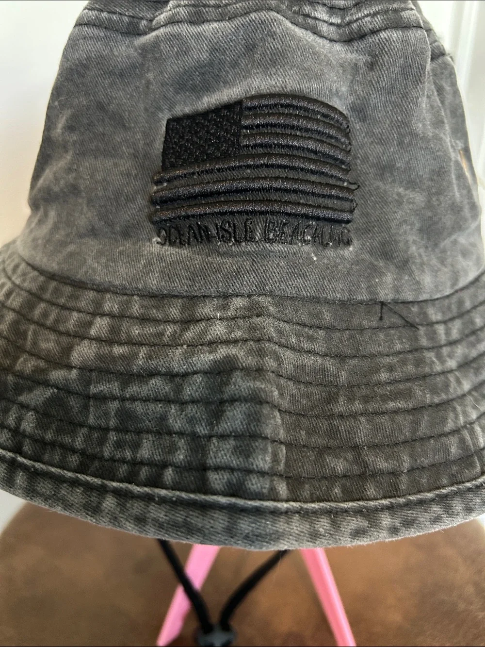 NWT Ocean Isle beach NC hat black chin tie breathing holes USA flag embroidered